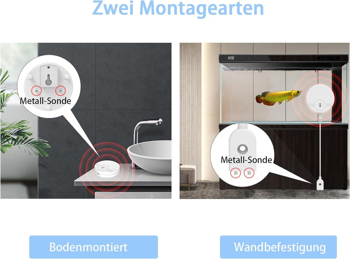 Erdiegle Wassermelder Wasseralarm 2 Pack, 135dB Wasser Sensor Alarm Wasserwarner Flut Detektor für K