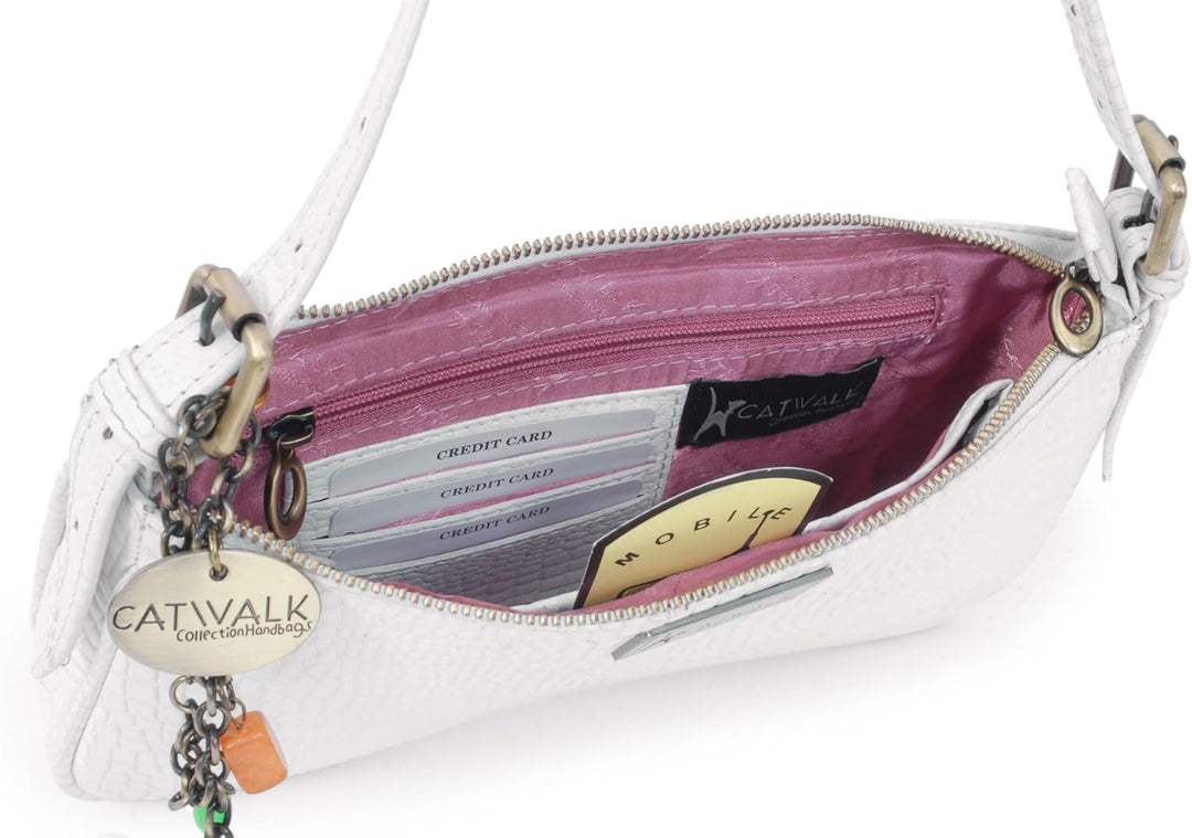 Catwalk Collection Handbags - Klein Damen Schultertasche - Henkeltasche - Leder mit Krokodilprägung