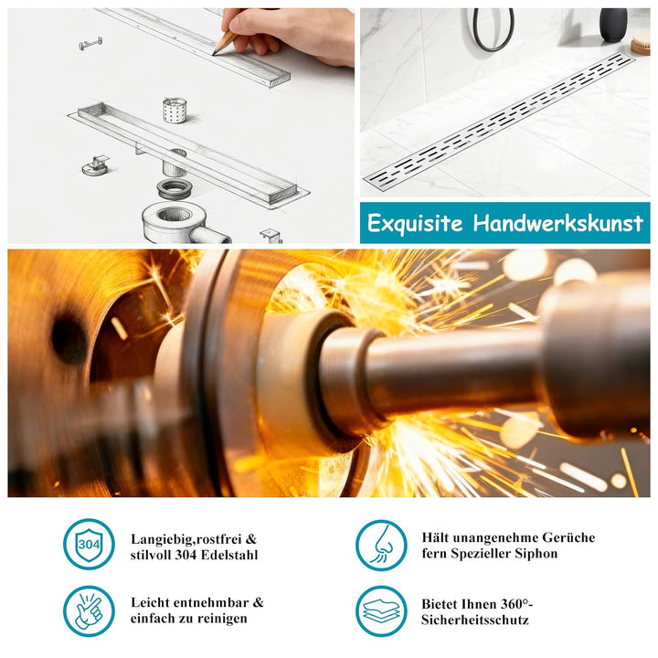 100 * 7cm Duschrinne 304 Edelstahl, Bodenablauf mit 360° Siphon Geruchsstop, Duschablauf mit 2 Ablau
