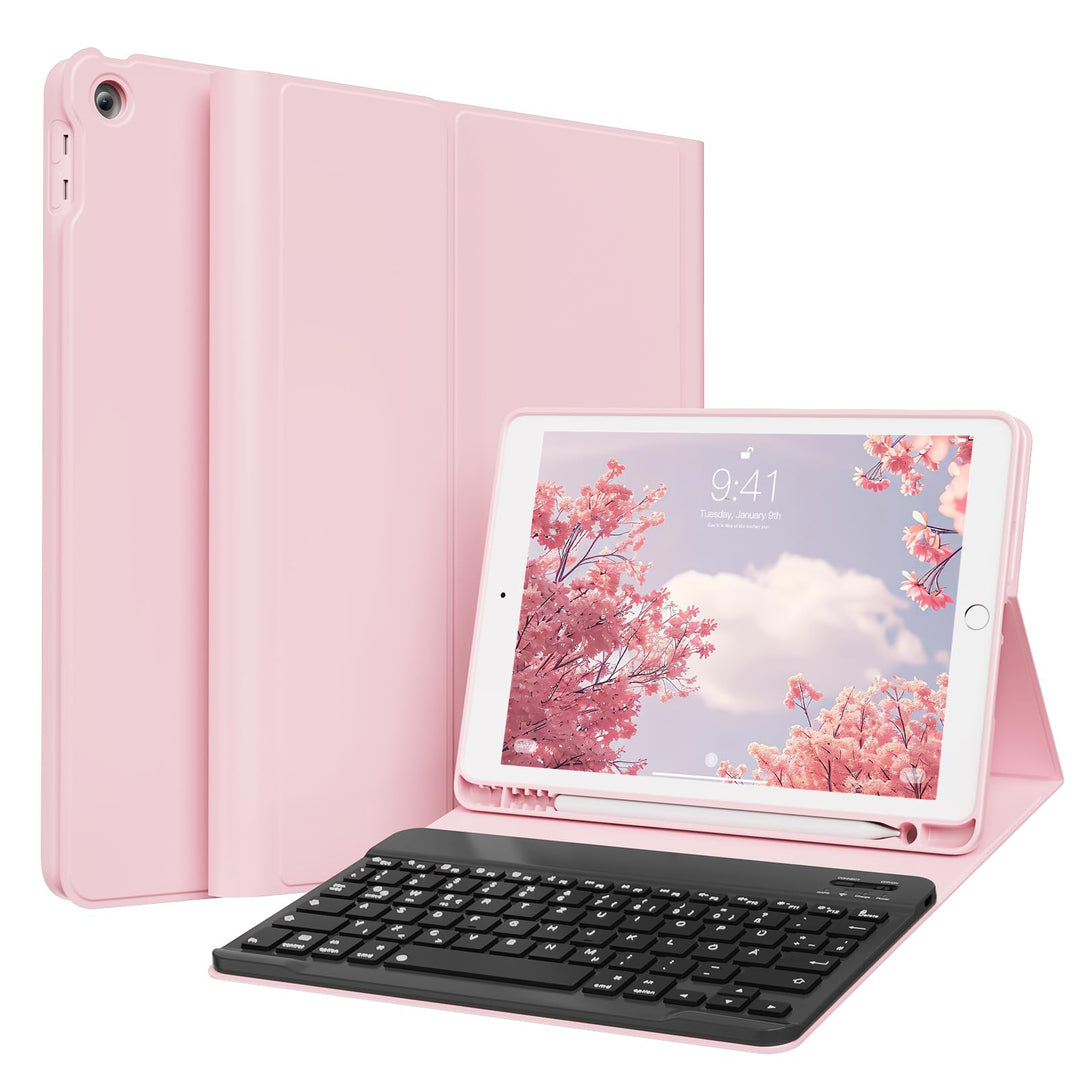 Hülle mit Tastatur für iPad 9/8/7 Generation (2021/2020/ 2019), Weiche TPU Rückseite mit Stifthalter