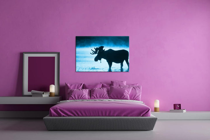 deyoli Elch Silhouette am Wasser Format 80x60 Effekt: Monocrome Blau als Leinwandbild, Motiv fertig