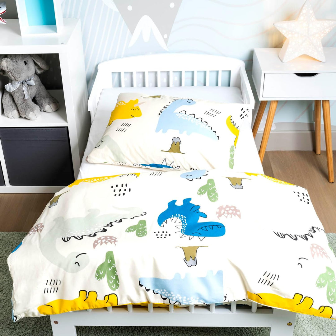 BELIKATO Kinderbettwäsche 100x135 aus 100% Baumwolle mit Dino-Motiven - Kinder- und Baby-Bettwäsche