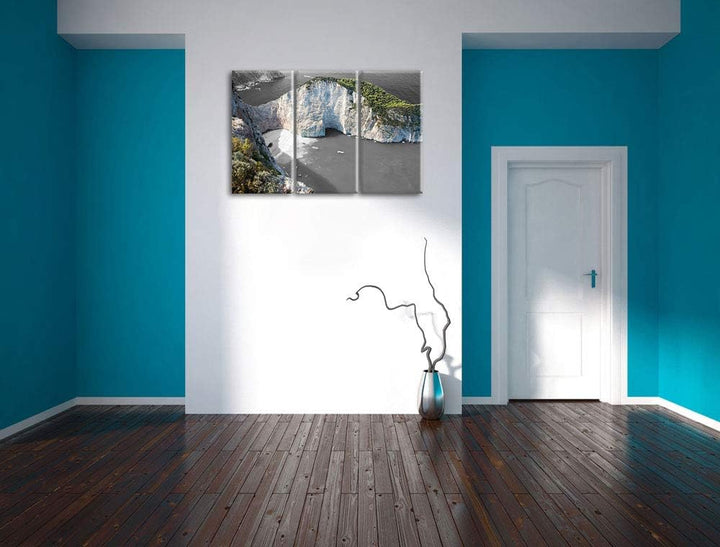 Steile Bucht im Mittelmeer schwarz/weiss 3-Teiler Leinwandbild 120x80 Bild auf Leinwand, XXL riesige