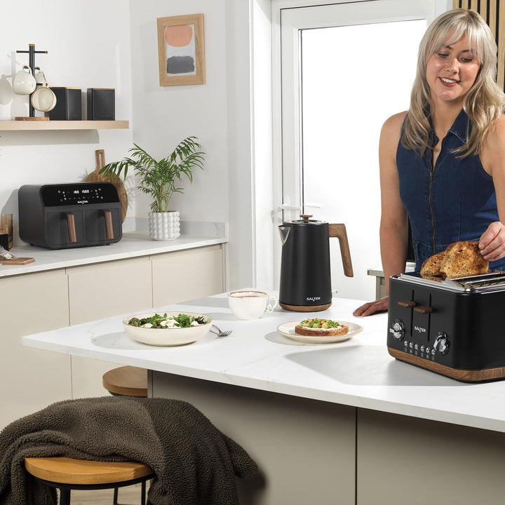 SALTER Toronto 1,7L Wasserkocher – 3kW Schnellkochfunktion, 360° Basis, Kalkfilter, Holzdesign, Kabe