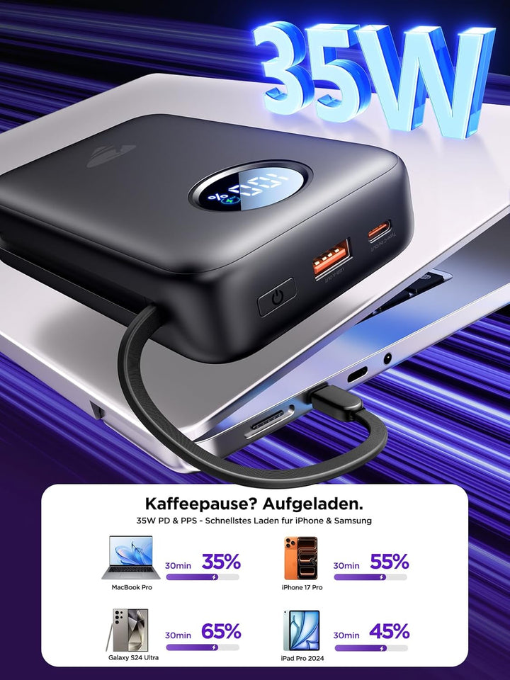 Aioneus Power Bank 20000mAh, 35W USB-C PD Schnellladefunktion PowerBank mit integrierten Kabeln (USB