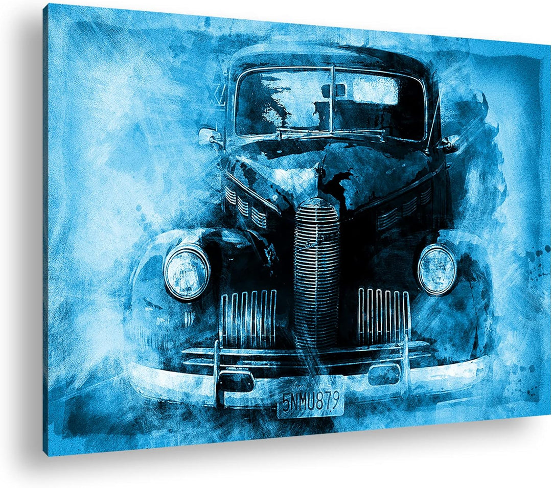 deyoli gezeichneter alter Oldtimer Format 80x60 Effekt: Monocrome Blau als Leinwandbild, Motiv ferti