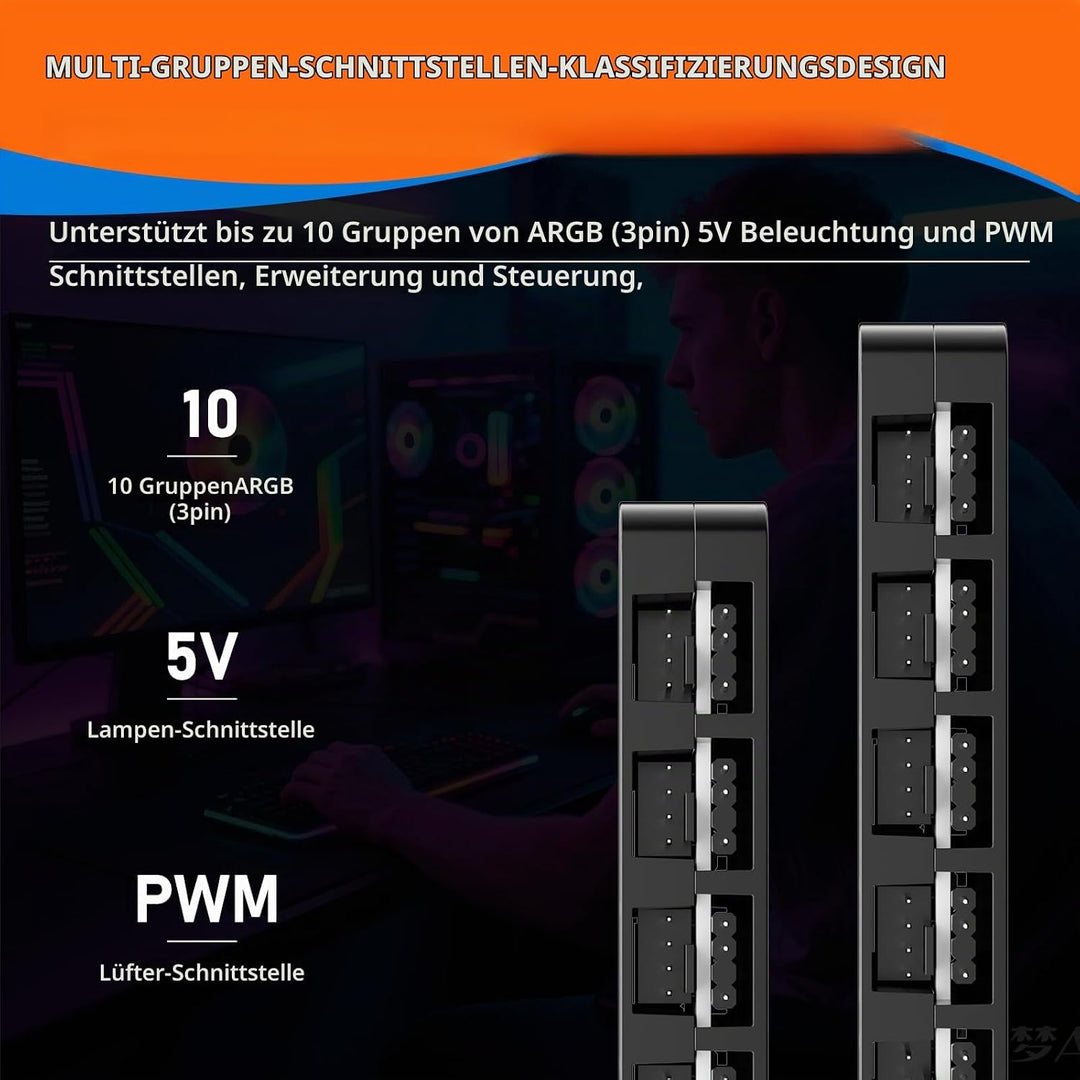 2-in-1 ARGB PWM Lüfter-Hub mit Controller, 10 x 4-Pin PWM Lüfter-Anschlüsse, 10 x 5V 3-Pin ARGB Port
