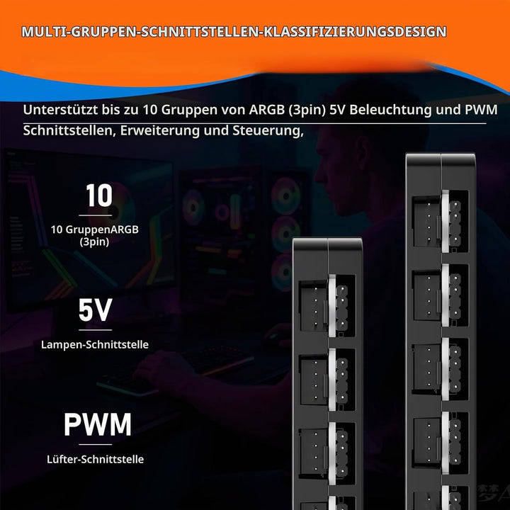 2-in-1 ARGB PWM Lüfter-Hub mit Controller, 10 x 4-Pin PWM Lüfter-Anschlüsse, 10 x 5V 3-Pin ARGB Port