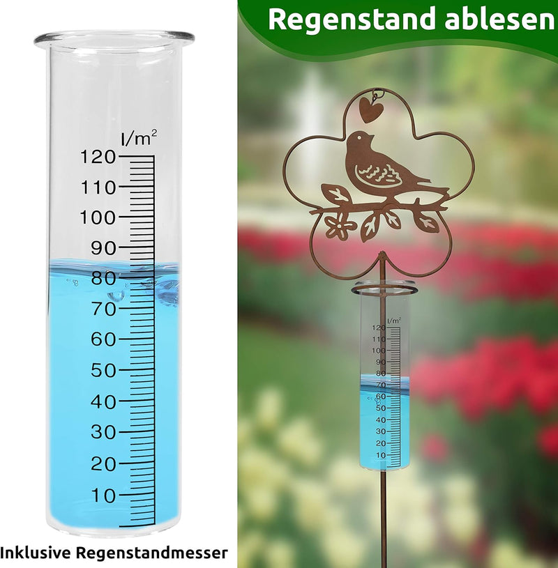ARTECSIS Regenmesser für Garten mit Erdspiess 109cm hoch I Motiv Vogel aus Metall mit Edelrost