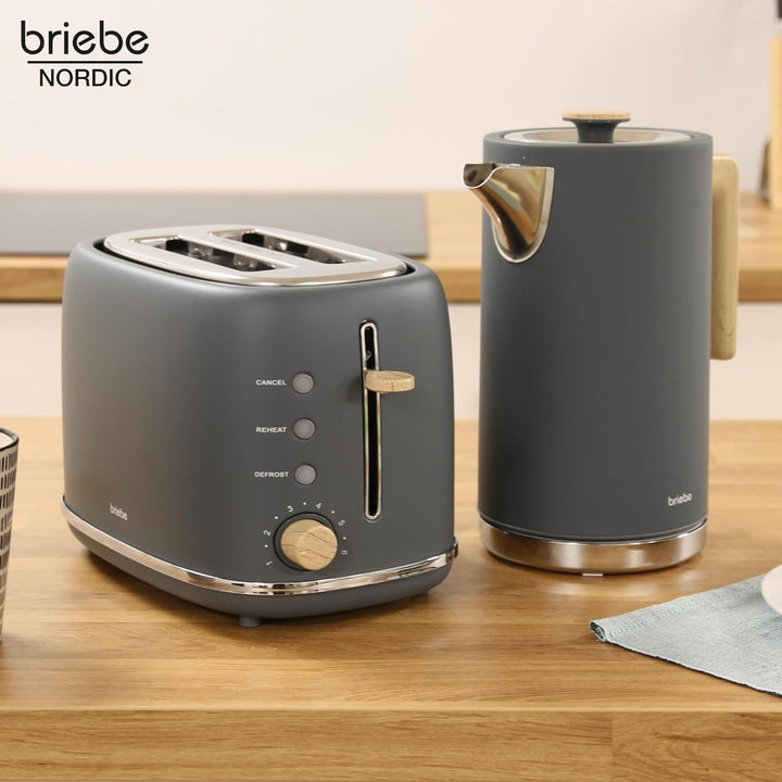 briebe Nordic Set Toaster 2 Scheiben Breite Schlitze mit Brötchenaufsatz, 6 Toast Stufen + Wasserkoc