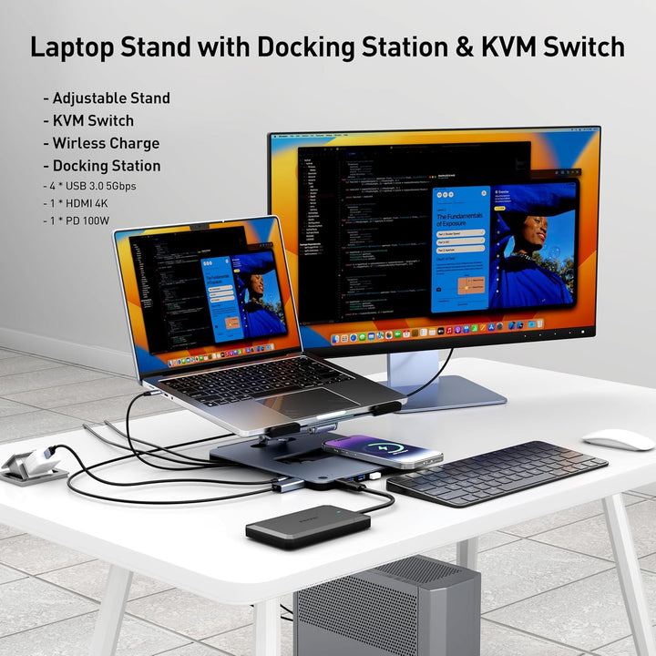 BENFEI Aluminium Laptop Ständer mit USB C 6in1 Dockingstation,15W Mag-Safe Ladegerät Magnetisches, U