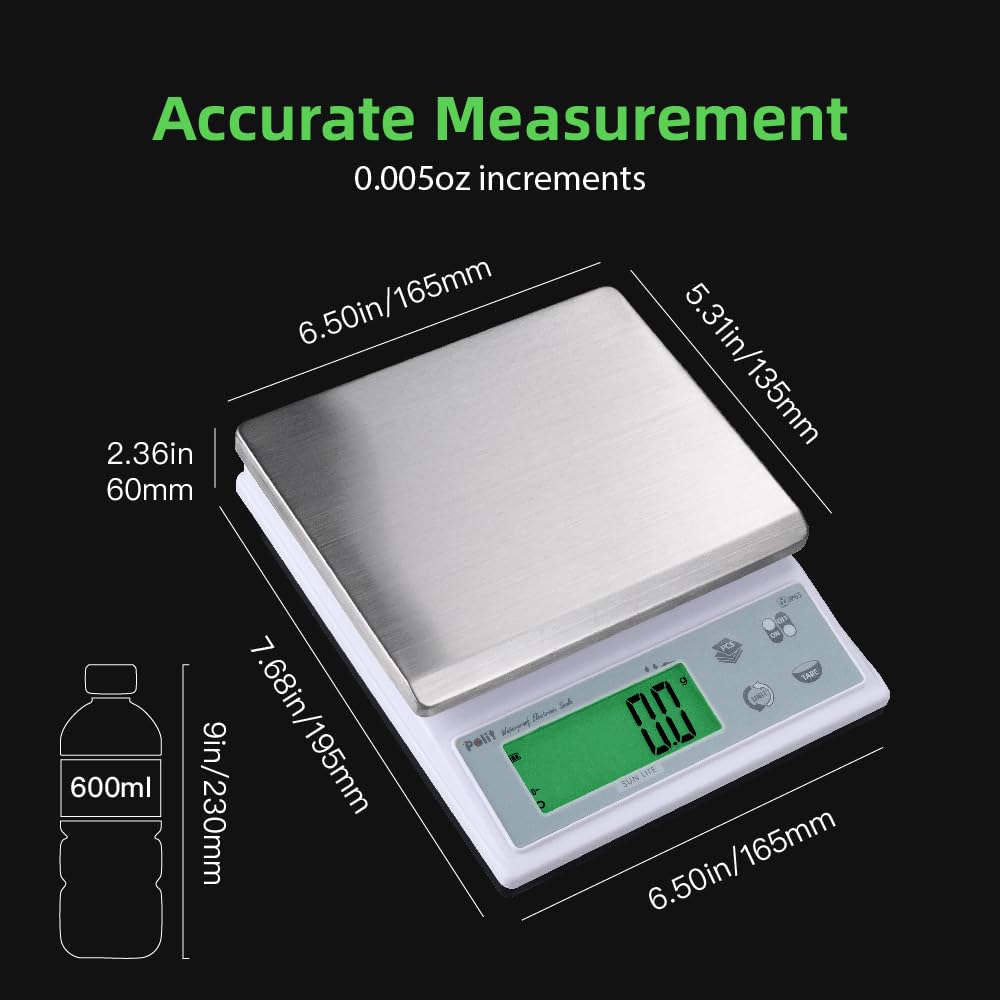 Polit Sun Lite IP65 wasserdichte Küchenwaage – 3kg/6,6lb, präzise 0,1g. Abnehmbares Edelstahl-Tablet