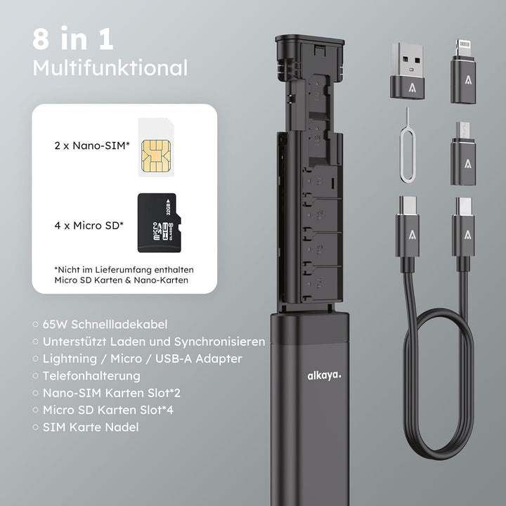 travel Adapter kit - Aluminium Gehäuse mit USB-C Kabel und Adapter Connectoren für alle Anschlüsse (