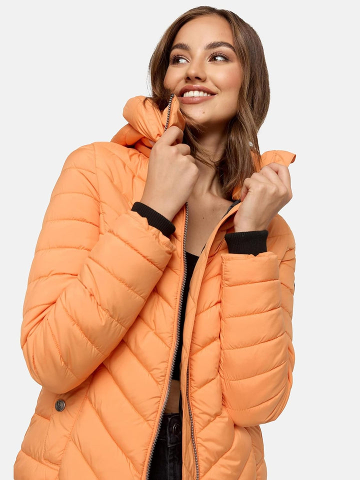 MARIKOO Damen Übergangsjacke leichte Steppjacke kurz mit Abnehmbarer Kapuze Kagomee XS-XXL, Apricot