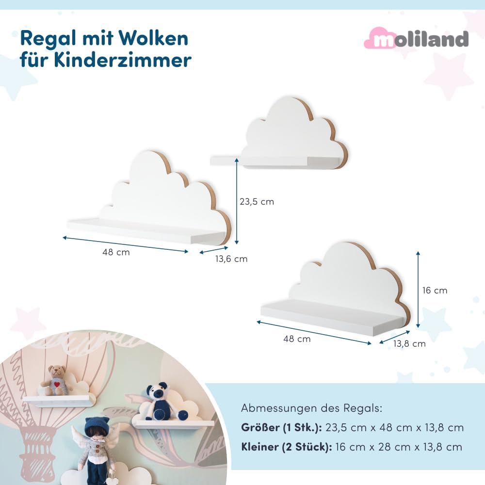 3er Set Wandregale Wolken. Regale für Kinderzimmer und Babyzimmer aus Holz im skandinavischen Stil.