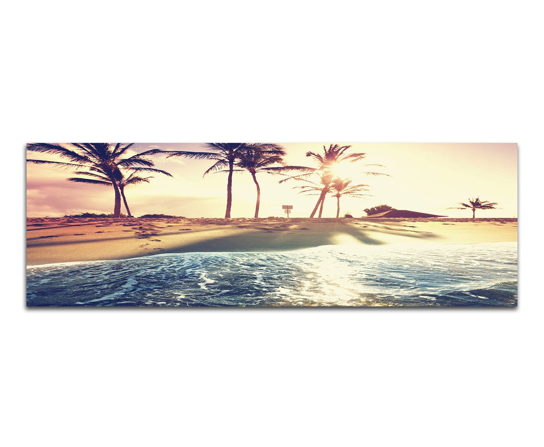Panoramabild auf Leinwand und Keilrahmen 150x50cm Meer Strand Palmen Sonnenuntergang