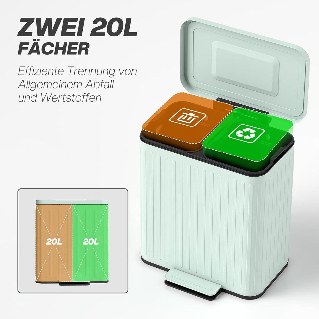 HOMCOM Mülleimer Küche 2 x 20 Liter Treteimer mit Abfallsortiersystem, Soft-Close-Deckel, Offenhalte