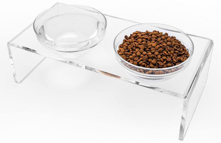 Erhöhter Futternapf für Hunde und Katzen, aus Acryl, mit 2 abnehmbaren Glasnäpfen und 2 Edelstahlnäp