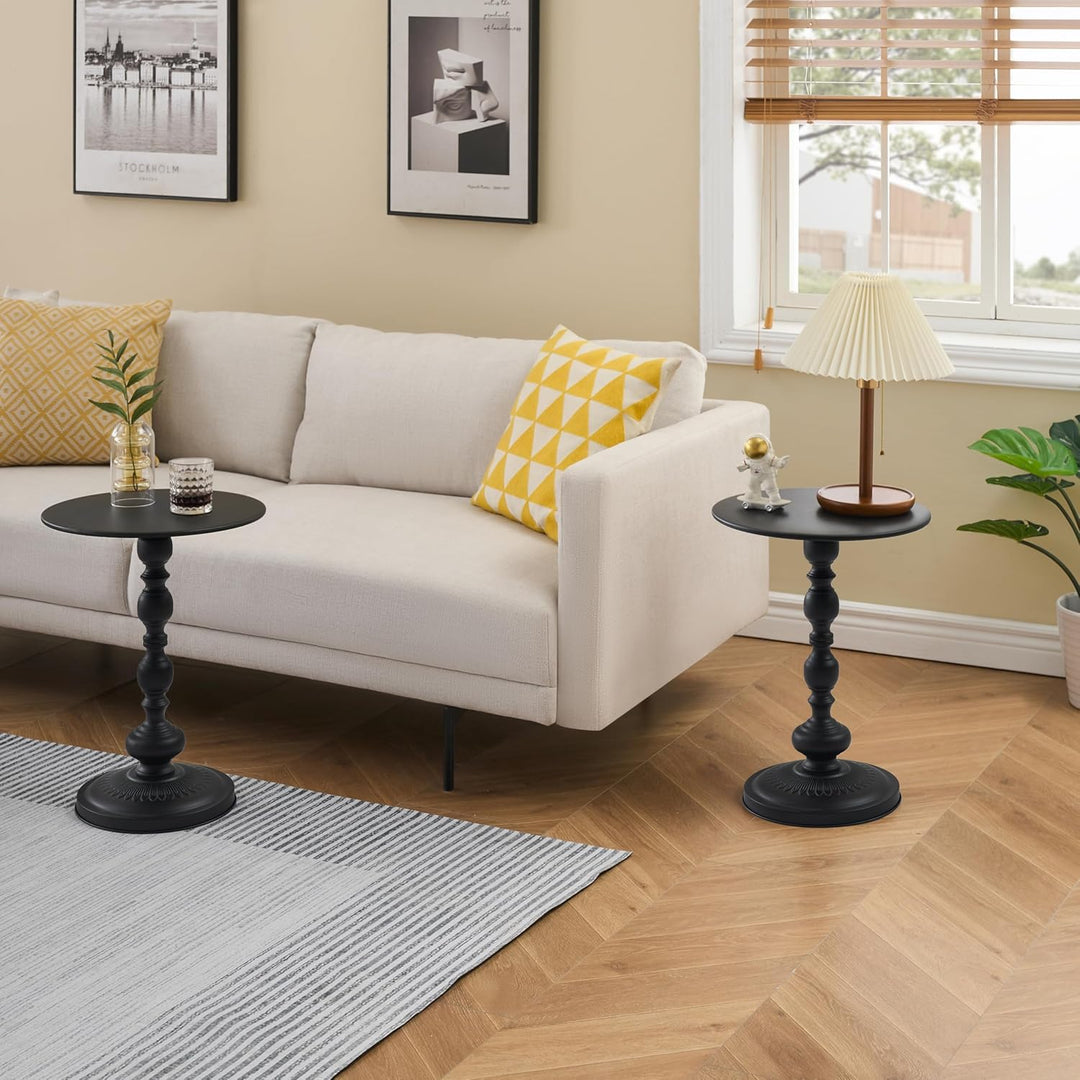 Couchtisch Schwarz Rund, 2er Set Beistelltisch Rund für Wohnzimmer, Vintage Sofatisch, Kleiner Beist