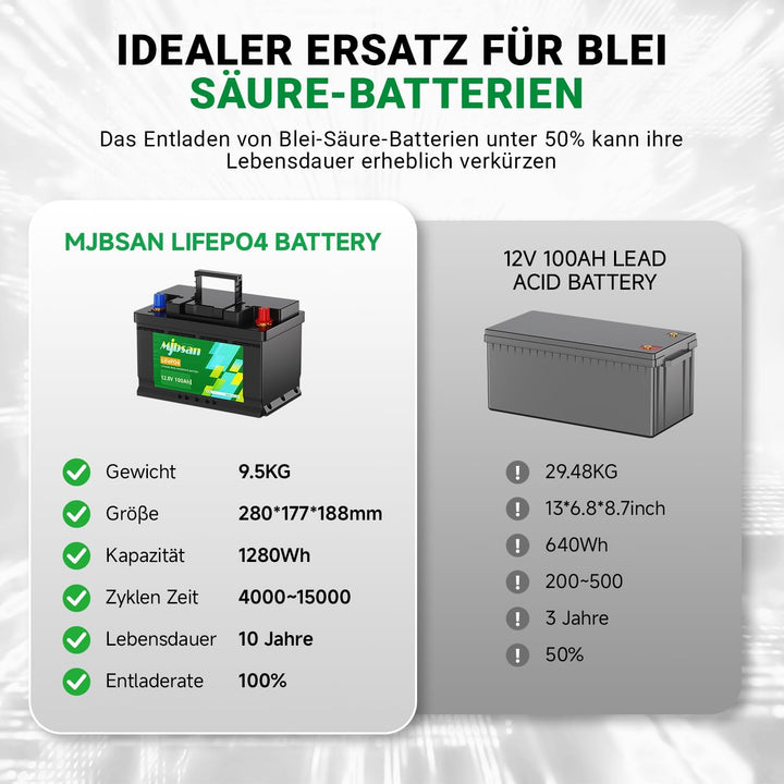 Mjbsan 12V 100Ah Mini LiFePO4 Lithium Batterie mit Kleiner Grösse und geringem Gewicht, Eingebaute 1