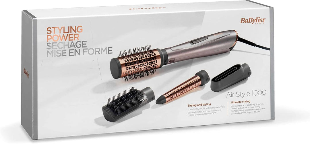BaByliss Air Style 1000 Warmluftbürste mit 4 Aufsätzen zum Trocknen, Locken, Glätten und für Volumen