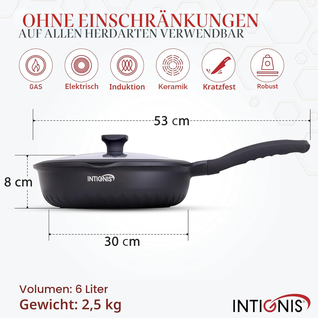 INTIGNIS Premium-Bratpfanne mit Deckel, Kratzfest, 30 cm, Extra Tief, Kompatibel mit allen Herdarten