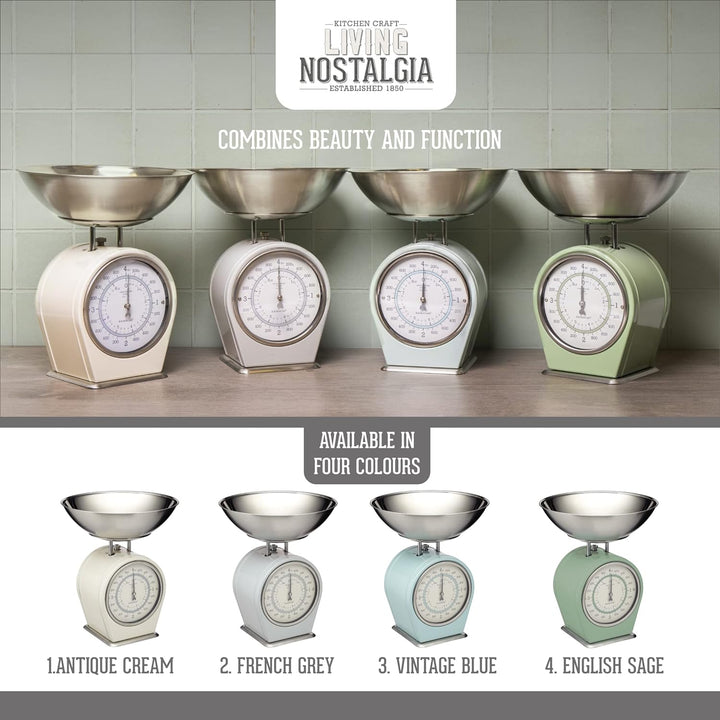 KitchenCraft Living Nostalgia Mechanische Küchenwaage, Traditionelle Waage in Vintage-Optik mit Wieg