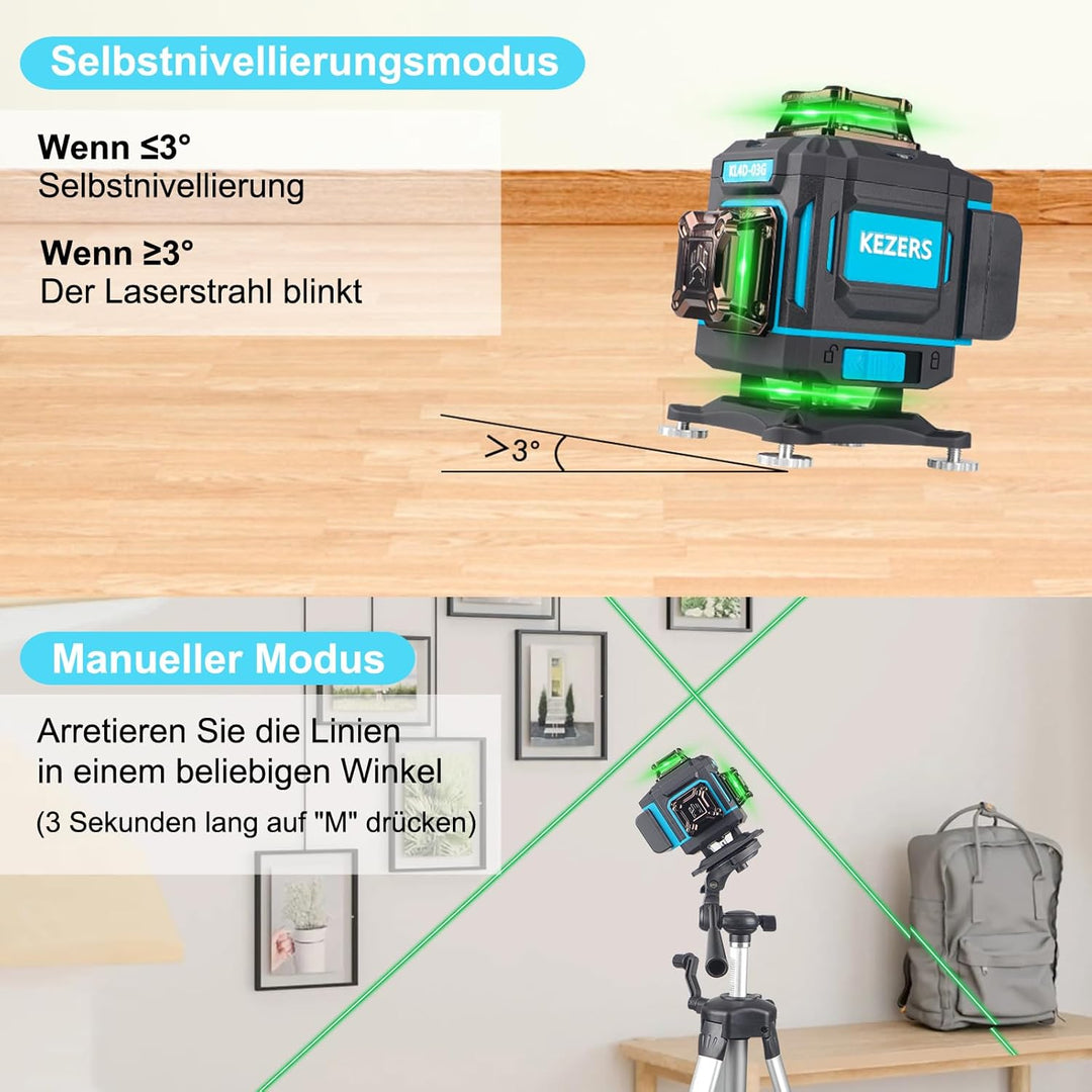 KEZERS Kreuzlinienlaser Grün 4x360°, Selbstnivellierend Laser Wasserwaage 16 Linien, Kreuzlaser mit