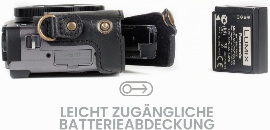 MegaGear MG1258 Panasonic Lumix DC-TZ95, DC-TZ90 Ever Ready Leder Kamera-Case mit Trageriemen - Schw
