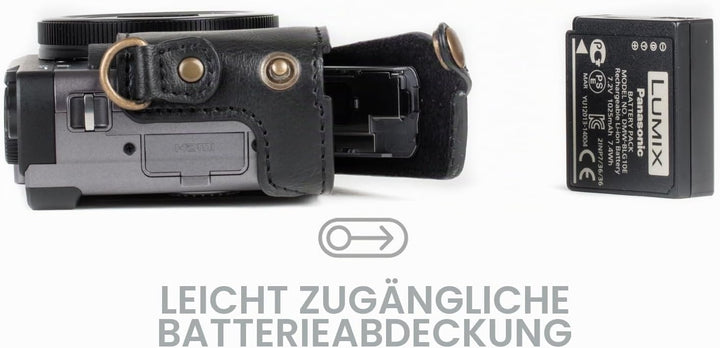 MegaGear MG1258 Panasonic Lumix DC-TZ95, DC-TZ90 Ever Ready Leder Kamera-Case mit Trageriemen - Schw