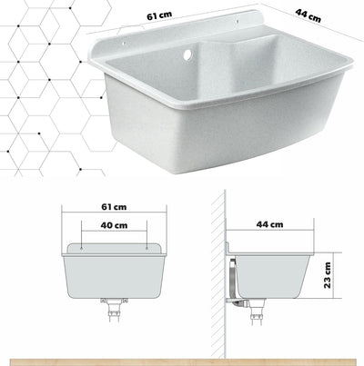 GOSPO Ausgussbecken, 61 cm x 44 cm x 23,5 cm, Waschbecken aus Kunststoff, Waschtrog mit Überlauf, Si