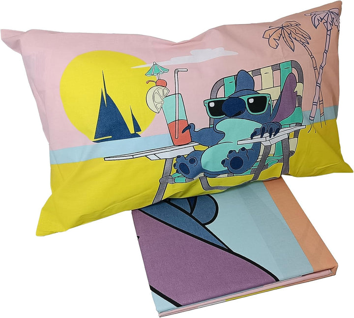 Stitch, Bettlaken für Einzelbett, Spannbettlaken, Kissenbezug, Blau, Disney, 100% Baumwolle, offizie