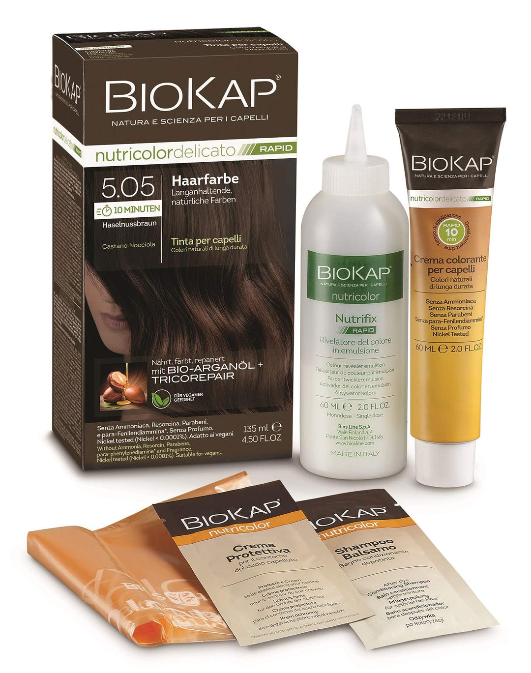 BIOKAP RAPID Permanente Haarfarbe 5.05 Haselnussbraun | NUR 10 MINUTEN EINWIRKZEIT | Bio Arganöl - T