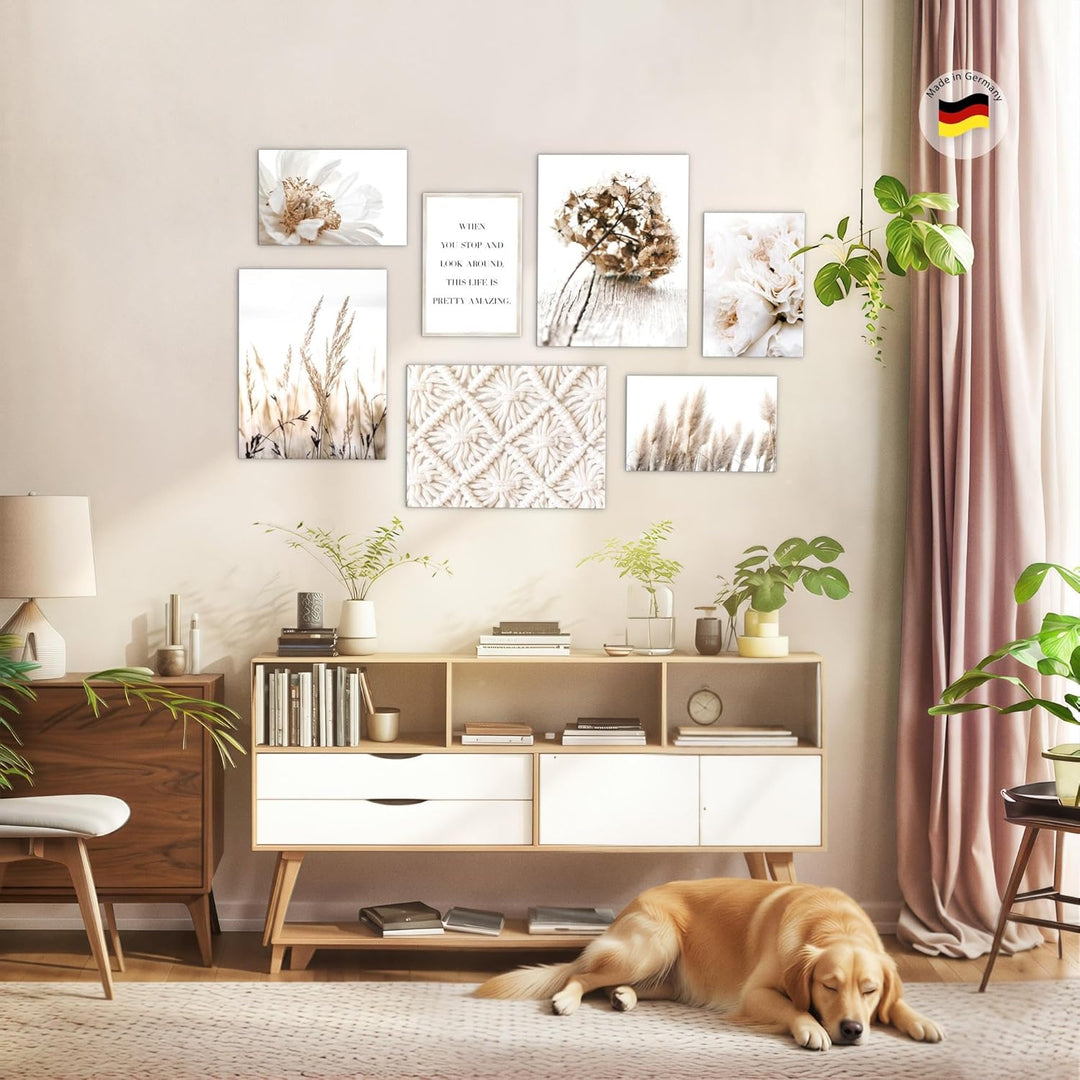 Novart Wandbilder Boho - KOMPLETT AUFHÄNGFERTIG - Beige Wohnzimmer Schlafzimmer- 7 Moderne Mood-Bild