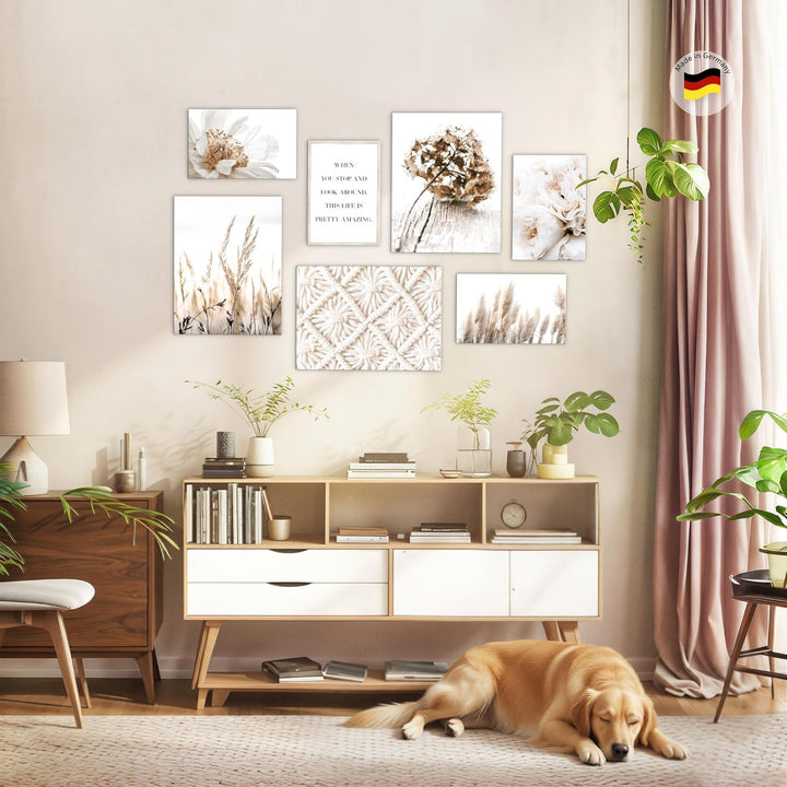 Novart Wandbilder Boho - KOMPLETT AUFHÄNGFERTIG - Beige Wohnzimmer Schlafzimmer- 7 Moderne Mood-Bild