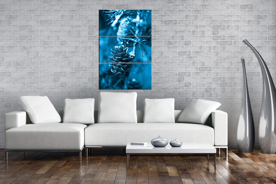 deyoli Tannenzapfen am Ast Format 120x80 3Teilig Effekt: Monocrome Blau als Leinwandbild, Motiv fert