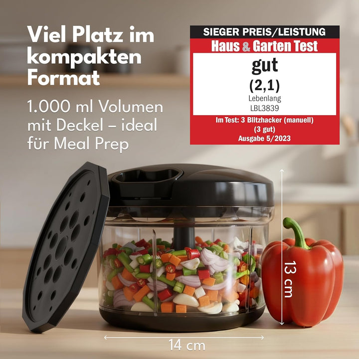 LEBENLANG Gemüse & Zwiebelschneider - 1L Obst Zerkleinerer manuell & BPA-Frei | Schwarz für Zwiebeln