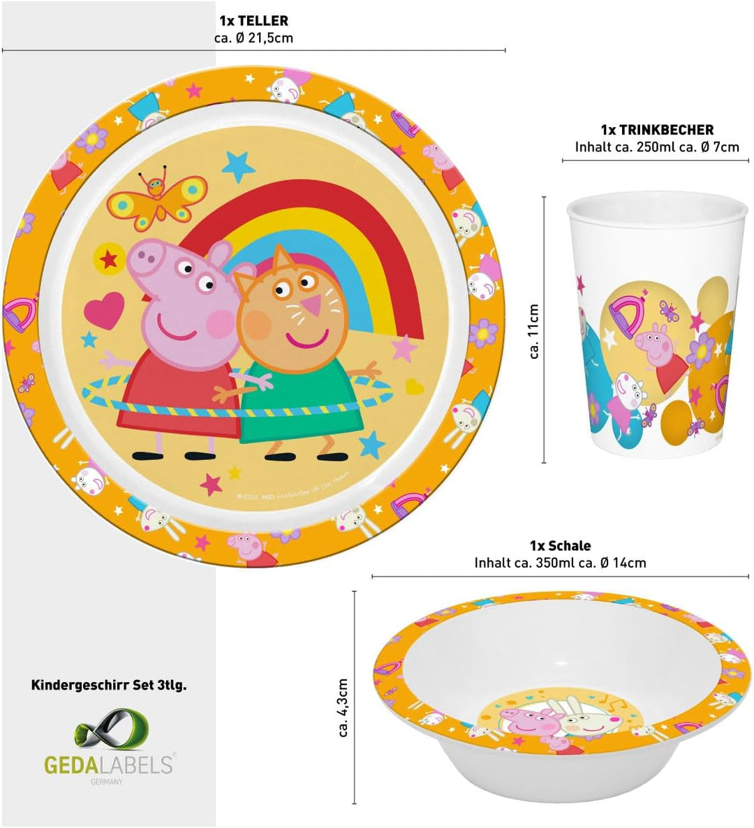 Kindergeschirr Peppa Pig 3teilig PP, Geschirrset, Teller, Schale, Becher, Kunststoff, unzerbrechlich