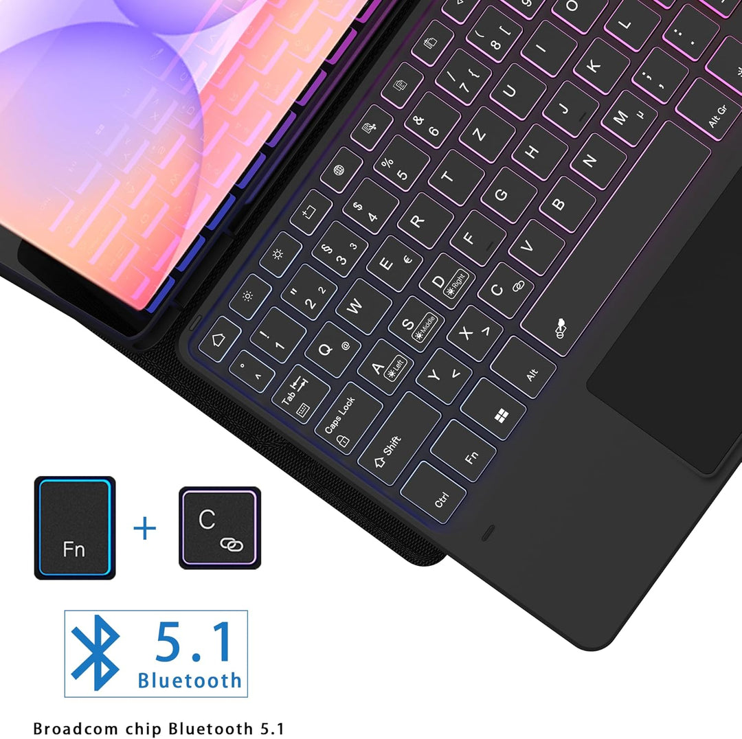 ROOFEI Galaxy Tab S9 FE/S9 Hülle mit Tastatur QWERTZ : 3-Zonen-7-Farbige DIY Hintergrundbeleuchtung,