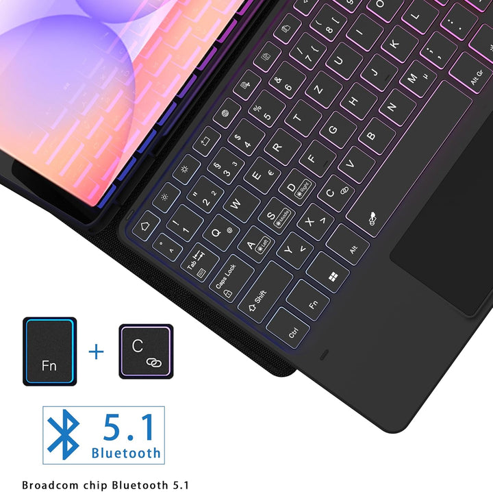 ROOFEI Galaxy Tab S9 FE/S9 Hülle mit Tastatur QWERTZ : 3-Zonen-7-Farbige DIY Hintergrundbeleuchtung,