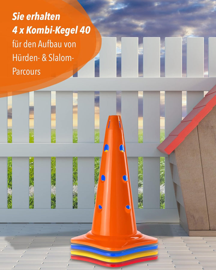 Kombi Kegel 40 – 4er Set – für den Aufbau von Hürden- oder Slalom-Parcours für Agility-Training – Sp