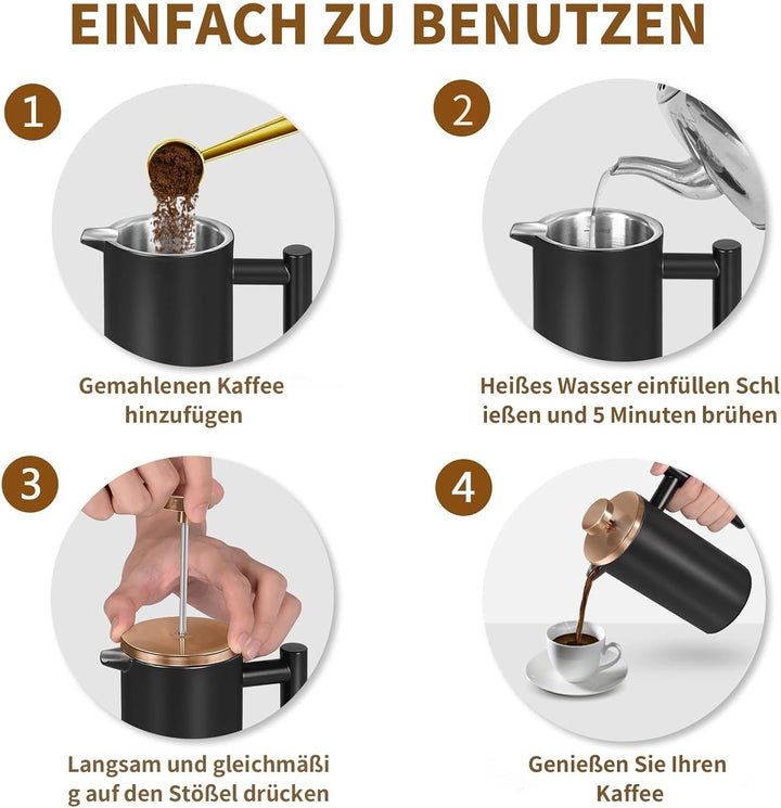 French Press 1,5L aus Edelstahl - Doppelwandig & isoliert für Camping, Party, Geschenk - Spülmasch