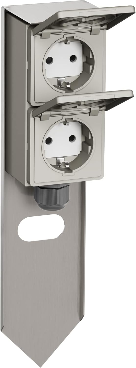 ledscom.de 3 Stück Garten Steckdosensäule PIWI mit Erdspiess für aussen, IP44, 2-Fach, Edelstahl, Ed