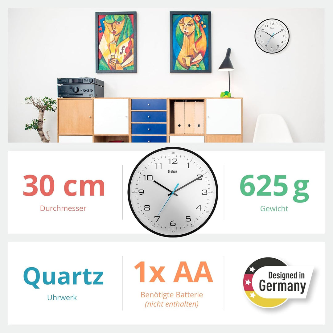 Mebus moderne Quarz-Wanduhr klassisches Design kräftige, grosse Ziffern 30cm Durchmesser / Farbe: Sc
