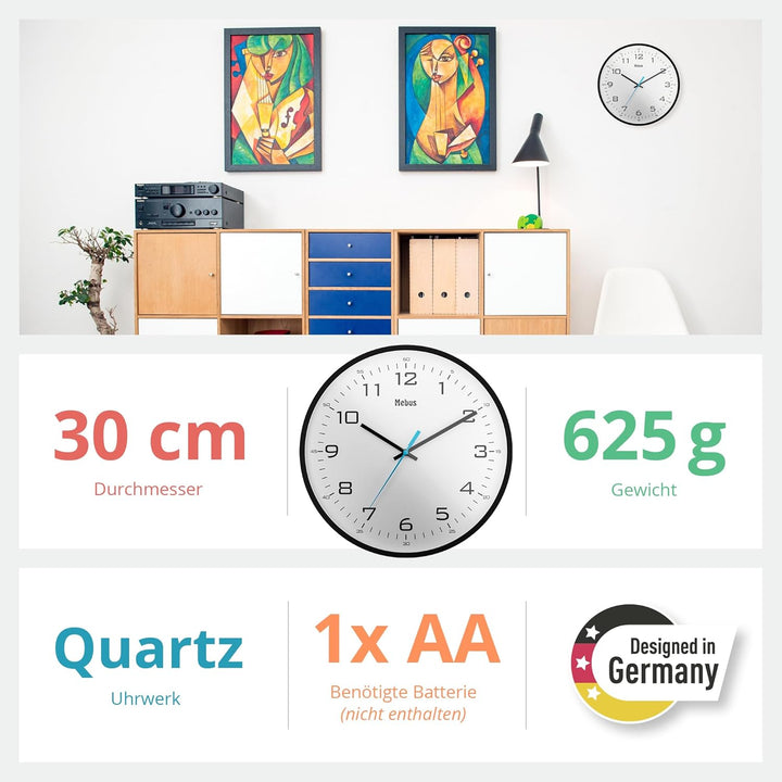 Mebus moderne Quarz-Wanduhr klassisches Design kräftige, grosse Ziffern 30cm Durchmesser / Farbe: Sc