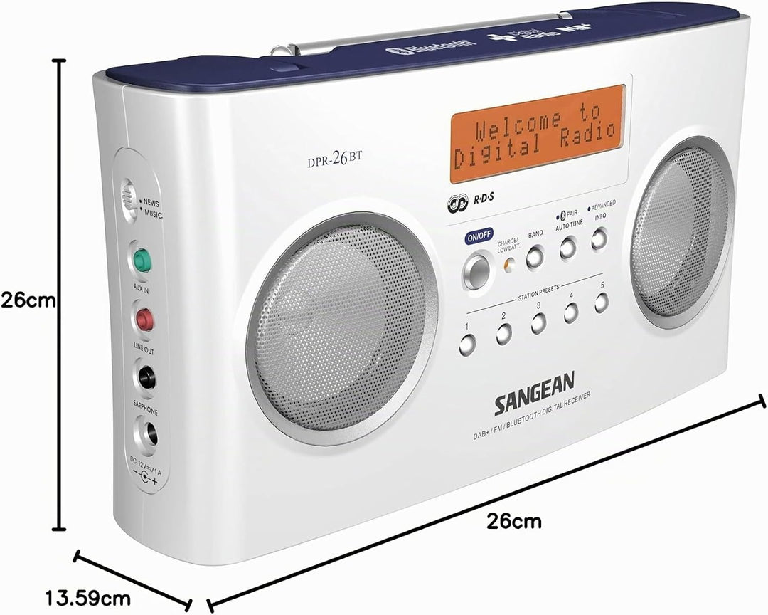 Sangean DPR-26BT tragbares DAB+ Digitalradio (UKW-Tuner, Bluetooth, AUX-In) weiss