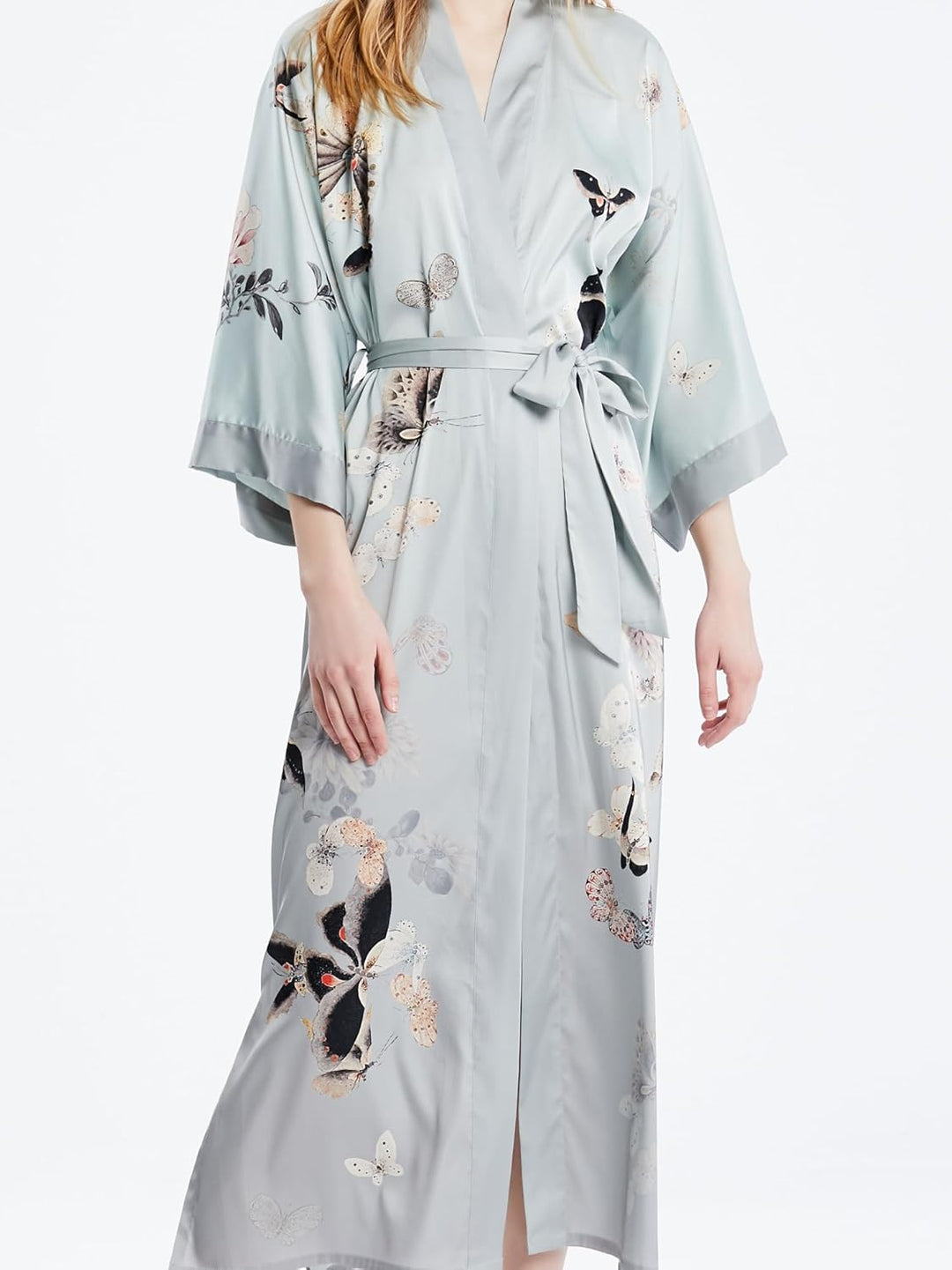 Prettystern Damen Boden-lang 100% Seide Satin Seidenmantel Kimono Morgenmantel Nachtkleid Yukata Rob