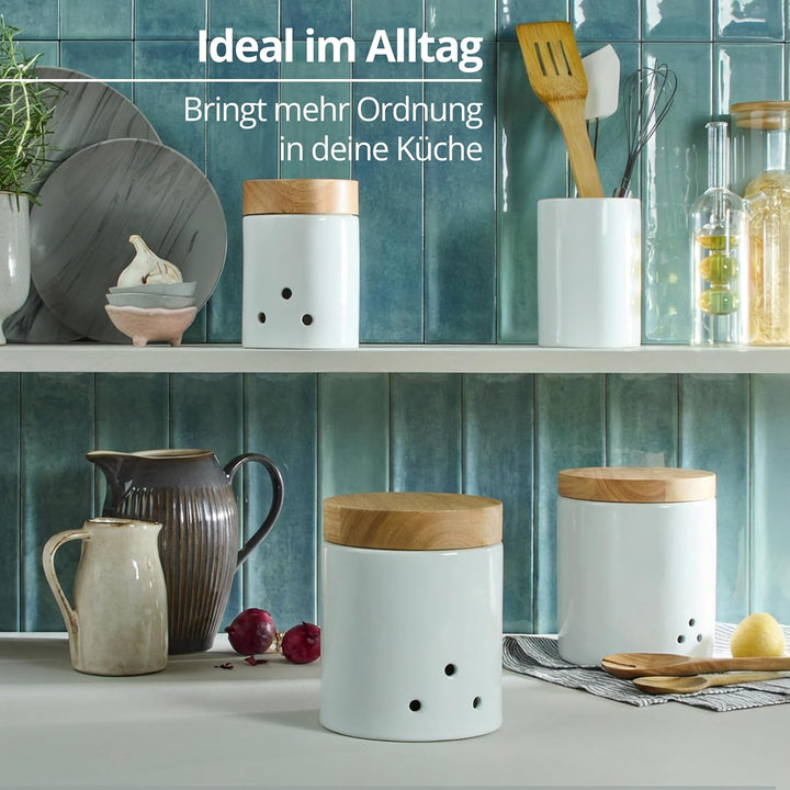 KHG Vorratsdosen Set Kartoffel-, Zwiebel- & Knoblauch, Keramik Steingut Weiss Holz-Deckel Bambus, Vo