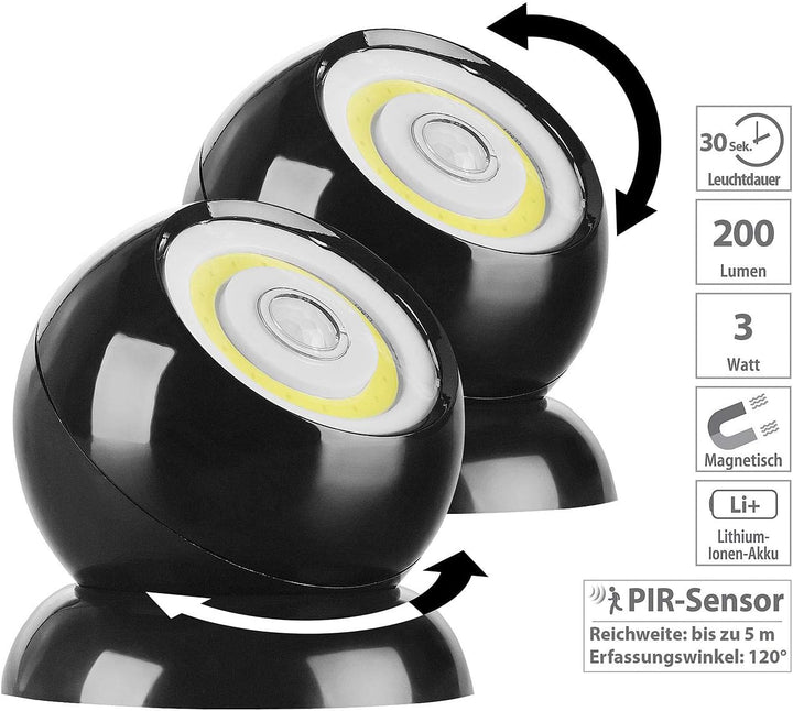 Lunartec LED Strahler Akku: 2er-Set ultrahelle COB-LED-Akku-Leuchten, PIR Sensor, 200 lm, schwarz (d