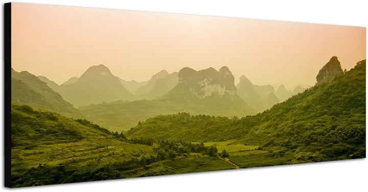Paul Sinus Art Panoramabild auf Leinwand und Keilrahmen 120x40cm Berge Wald Natur Nebel Morgendämmer